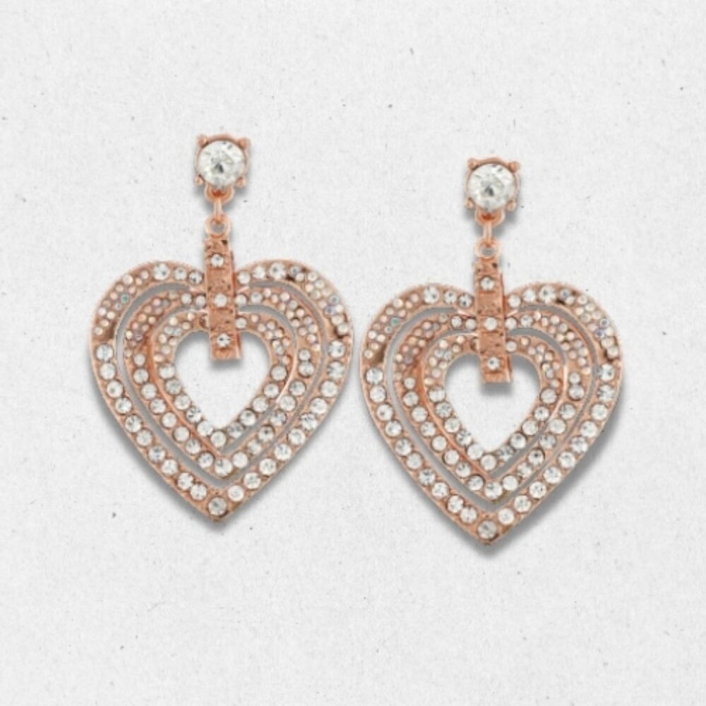 Betsey Johnson Pierced Earrings Rhinestone Double Heart Drop Metal Gold Women's